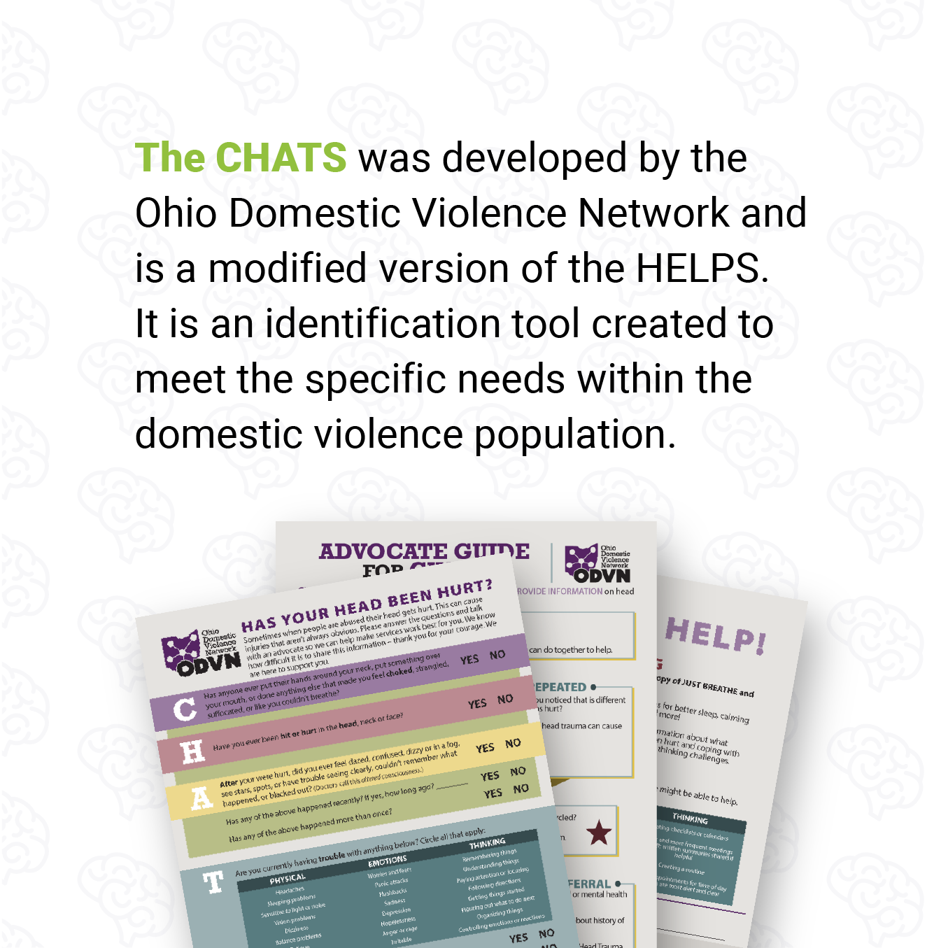 The CHATS was developed by the Ohio Domestic Violence Network and is a modified version of the HELPS. It is an identification tool created to meet the specific needs within the domestic violence population. 